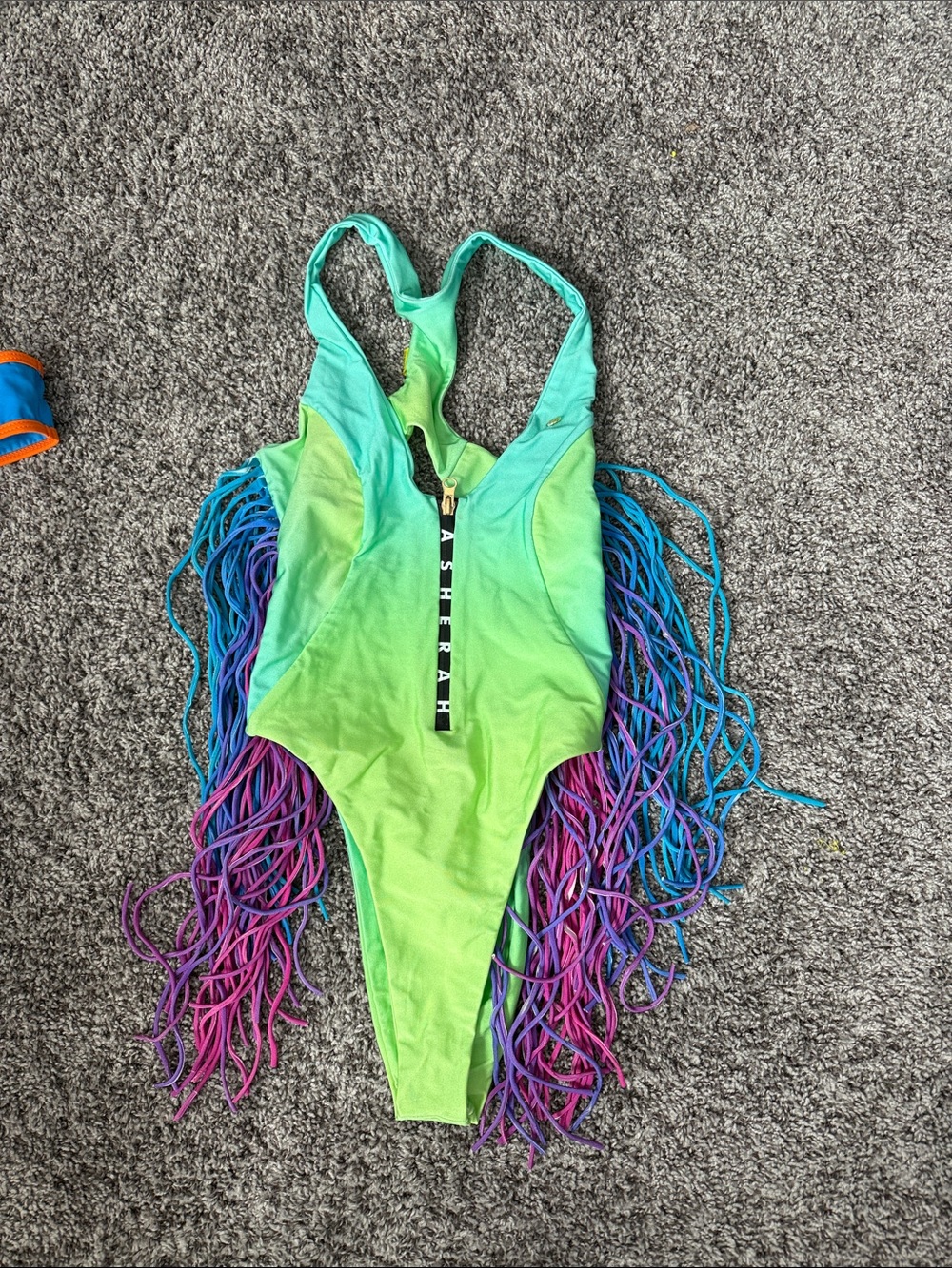 Neon Green Ombre One-Piece Swimsuit with Multicolor Fringe